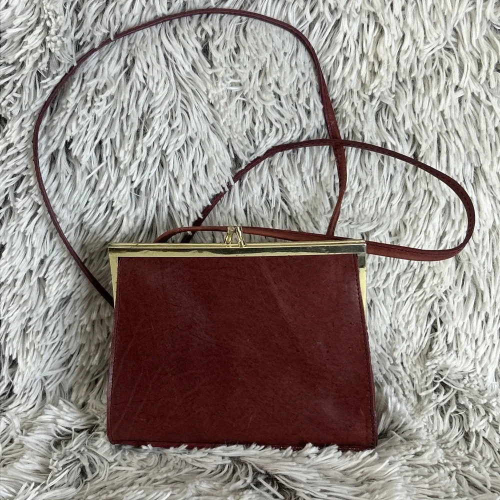 Vintage Genuine Leather Small Shoulder Bag Oxblood‎ Clutch Gold Clasp 70's Purse